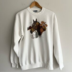 Endless Design Vtg Off White Horse Graphic Crewneck Sweatshirt Large